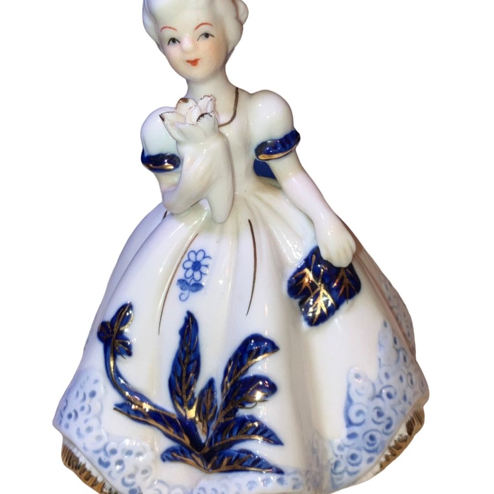 Girl Figurine Blue White Dress Gold Colored Accents
